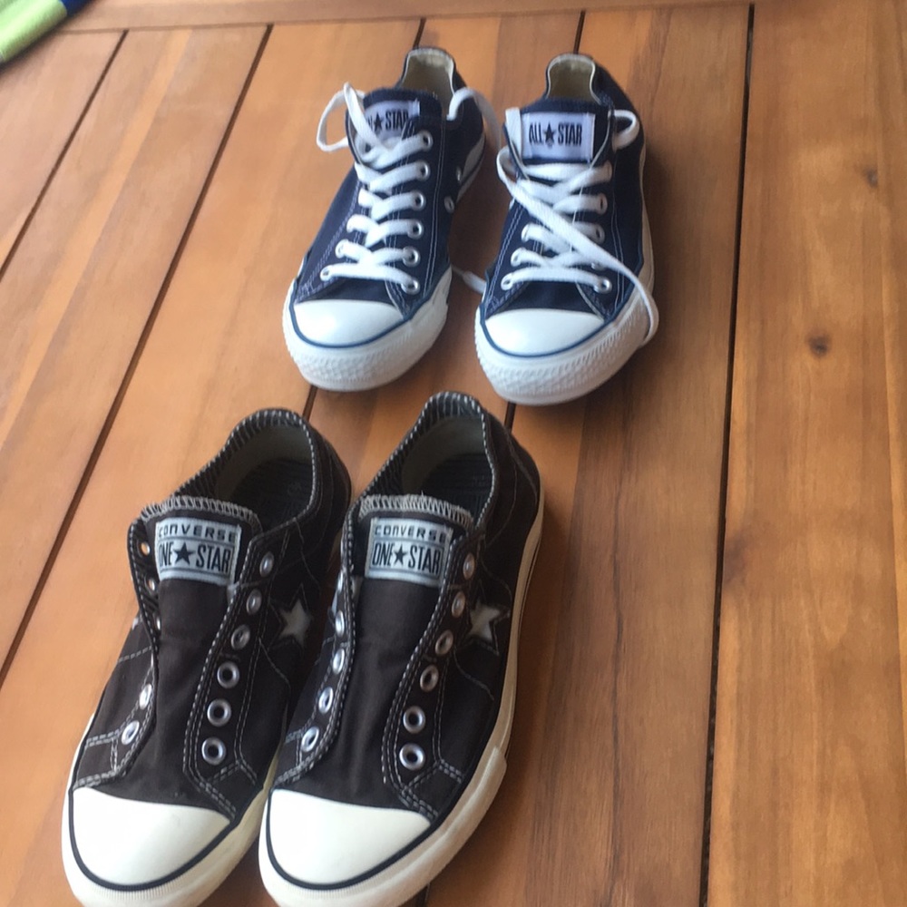 Two pair of Converse. One gray and one blue pair
